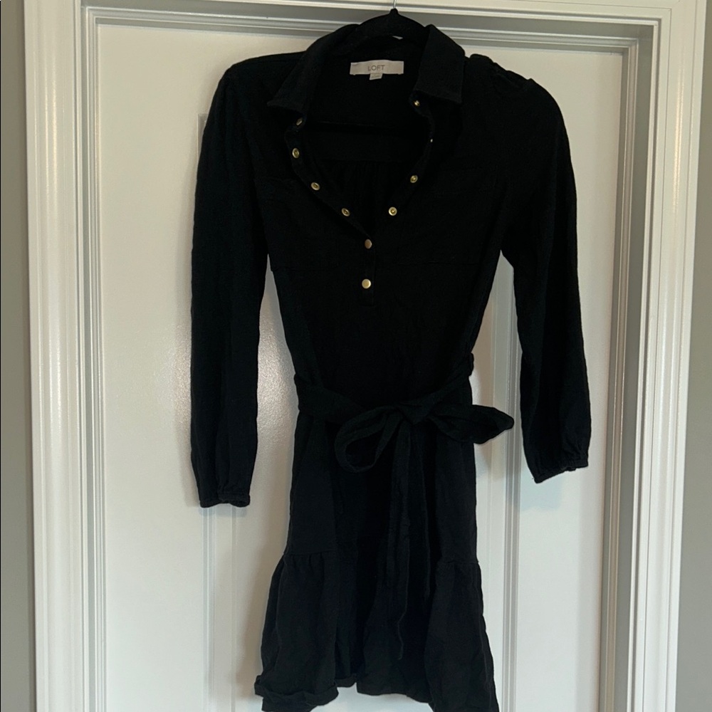 LOFT Black Dress with Gold Button Detail and Waist Bow